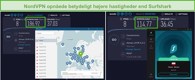 Skærmbillede af NordVPN og Surfshark, der kører en hastighedstest med flere forbindelser.