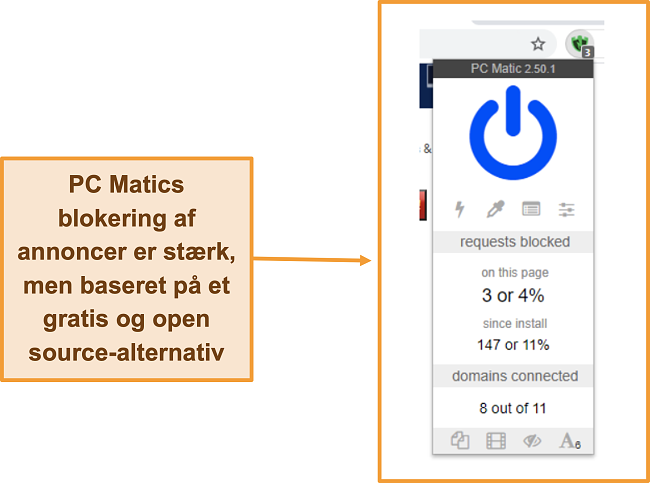 Skærmbillede af PC Matics annonceblokering.