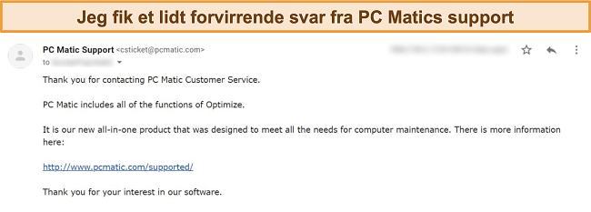 Skærmbillede af svar fra PC Matic-e-mail-support.