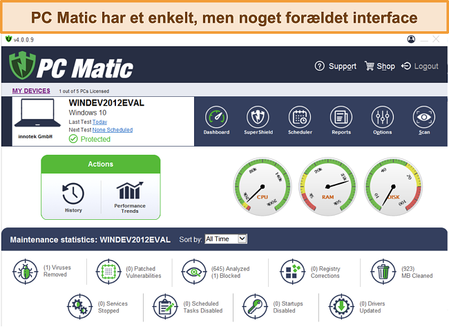 Skærmbillede af PC Matics desktop-interface.