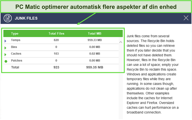 Skærmbillede af PC Matics optimeringsoplysninger efter scanning.