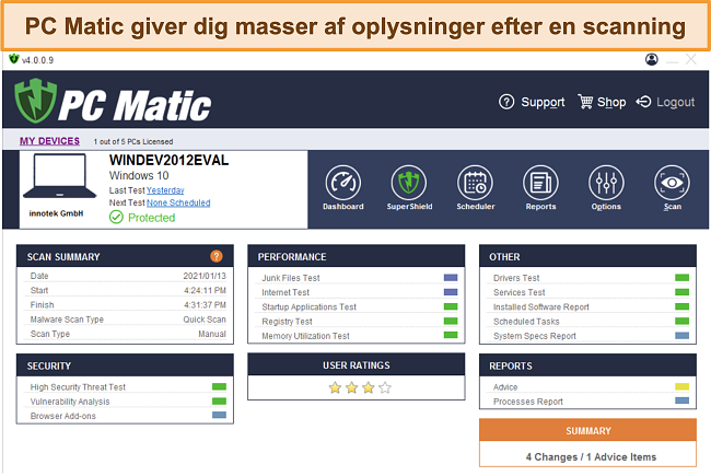 Skærmbillede af PC Matics oversigt efter scanning.