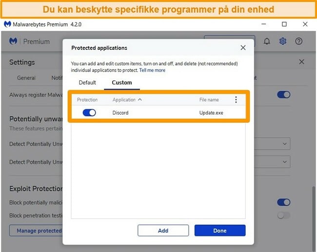 Sk&aelig;rmbillede af Malwarebytes 'liste over beskyttede apps til beskyttelse af udnyttelse.