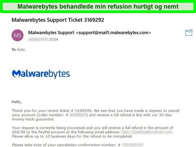 Sk&aelig;rmbillede af Malwarebytes 'refusionsproces med et e-mail-svar p&aring; en billet til anmodning om refusion.