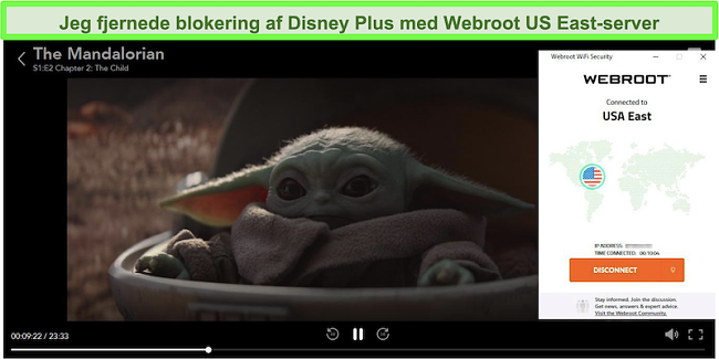 Skærmbillede af Disney Plus, der spiller The Mandalorian, mens den er tilsluttet en server i USA