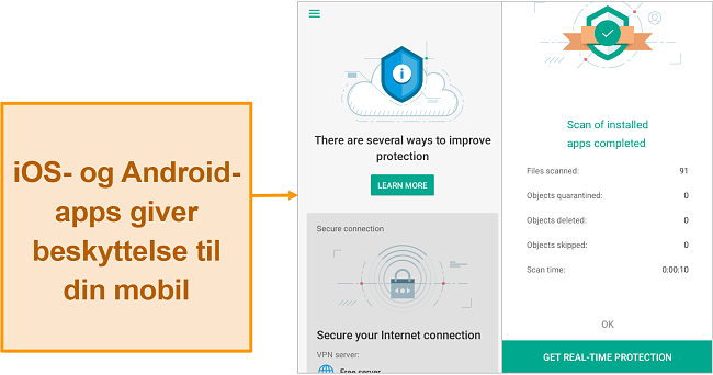 Skærmbillede af Kaspersky Security Cloud på iOS sammenlignet med Android-versionen