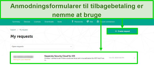 Skærmbillede af Kaspersky supportanmodninger på Kaspersky-webstedet.