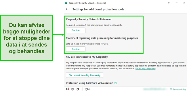 Skærmbillede af Kaspersky-skrivebordsmuligheder til deaktivering af indsamling af personlige data.