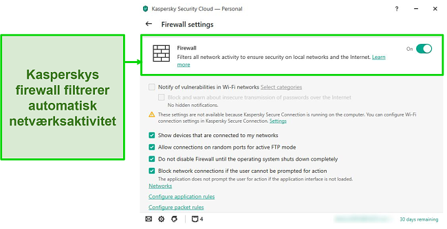 Skærmbillede af Kaspersky desktop firewallindstillinger, der giver dig mulighed for at tilpasse dens regler og filtre.
