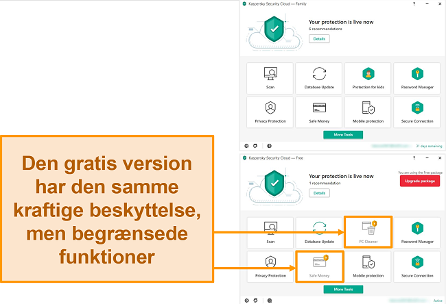 Skærmbillede af Kaspersky Security Cloud Free-skrivebordet viser låste funktioner mod en premium-version.