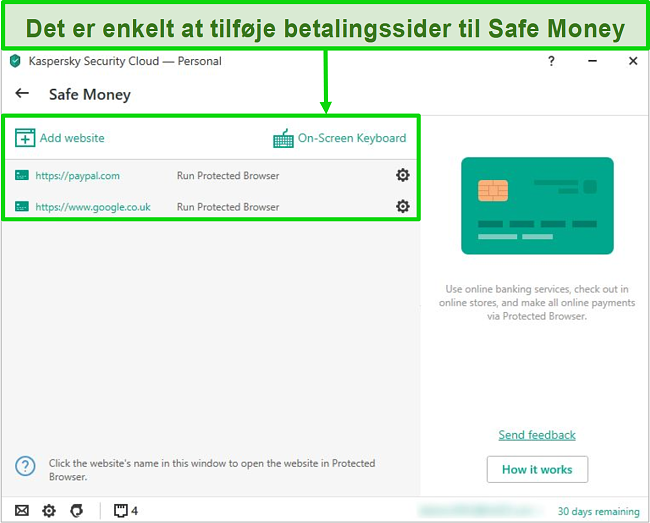 Skærmbillede af Kaspersky Safe Money-applikationen, der giver dig mulighed for at tilføje websteder til sikker brug.