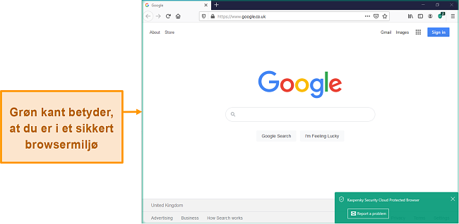 Skærmbillede af Kaspersky Security Cloud Protected Browser med en sikker besked.