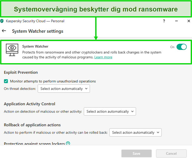 Skærmbillede af Kaspersky System Watcher-indstillingsskærm, der giver mulighed for tilpasning af ransomware-beskyttelse.