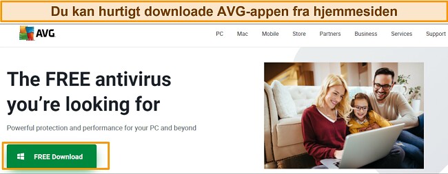 Skærmbillede af AVG-hjemmesiden, der viser download-knappen