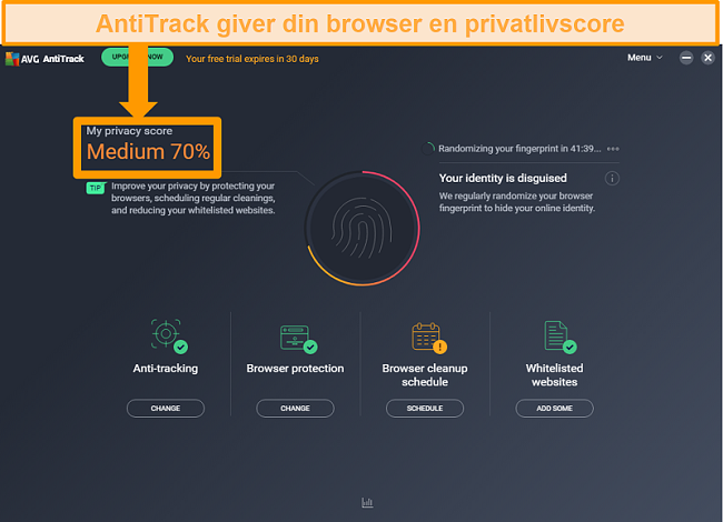 Skærmbillede af AVG AntiTrack-privatlivsscore for webbrowser