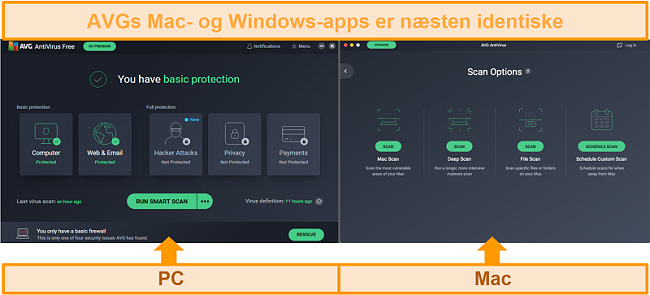 Skærmbillede, der sammenligner AVG antivirus PC og Mac app dashboards