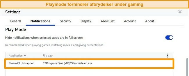 Sk&aelig;rmbillede af Malwarebytes antivirusprogram med Play Mode aktiveret for at stoppe underretninger, n&aring;r du spiller p&aring; apps som Steam