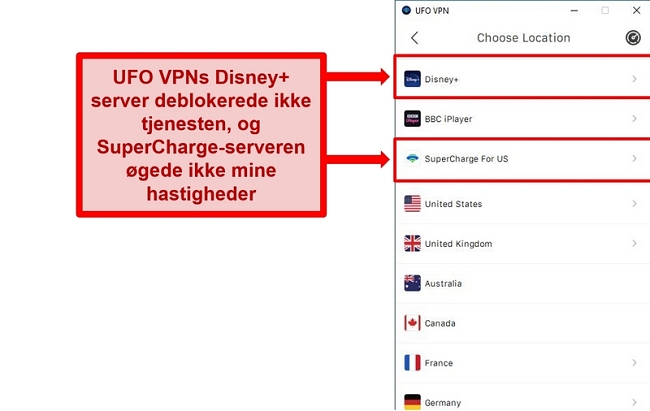 Skærmbillede af UFO VPNs serverliste