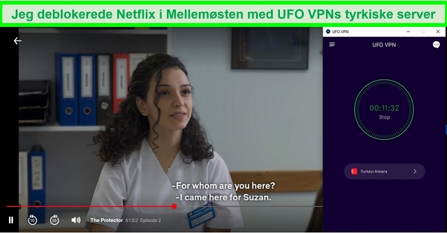 Netflix spiller et tyrkisk tv-show, mens UFO VPN er forbundet til sin server i Tyrkiet