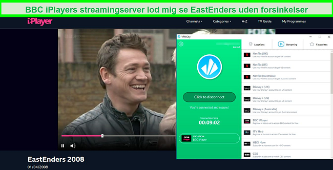 Skærmbillede af BBC iPlayer-streaming EastEnders, mens den er tilsluttet VPN Citys BBC iPlayer-streaming-server