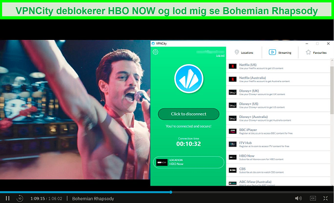 Skærmbillede af HBO NU, der spiller Bohemian Rhapsody, mens du har forbindelse til VPNCity's HBO Now-streaming-server