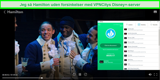 Skærmbillede af Hamilton, der spiller på Disney +, mens den er tilsluttet VPNCity's DIsney Plus Australia streaming-server