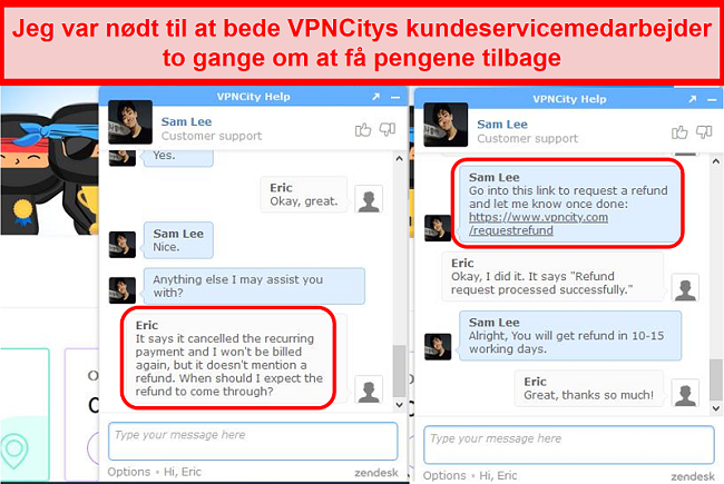 Skærmbillede af en samtale med VPNCity live chat, der viser processen med anmodning om refusion