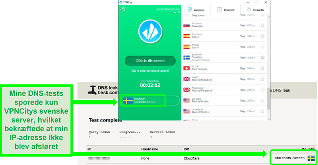 Skærmbillede af VPNCity tilsluttet en Sverige-server og bestået en DNS-lækagetest