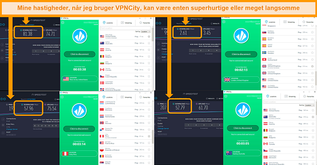 Screenshots af Speedtest.net-resultater, der viser hastigheder i 4 forskellige lande