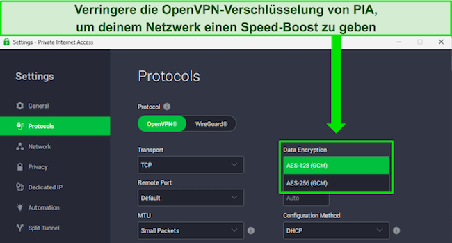 Bild der Windows-App von PIA, das zeigt, wie Verschlüsselungsstufen mit dem OpenVPN-Protokoll angepasst werden.