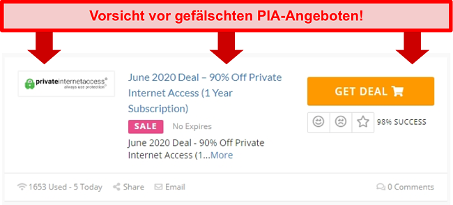 Screenshot eines gefälschten privaten Internet-Zugangs-Deals mit 90% Rabatt