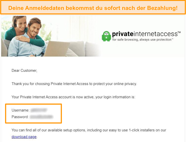 Screenshot der Privaten Internet-Zugangsbestätigungsbestätigungs-E-Mail mit Login-Daten enthalten