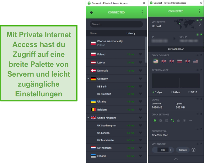 Screenshot mit der Serverliste privatem Internetzugang, während eine Verbindung mit dem US-Ostserver angezeigt wird