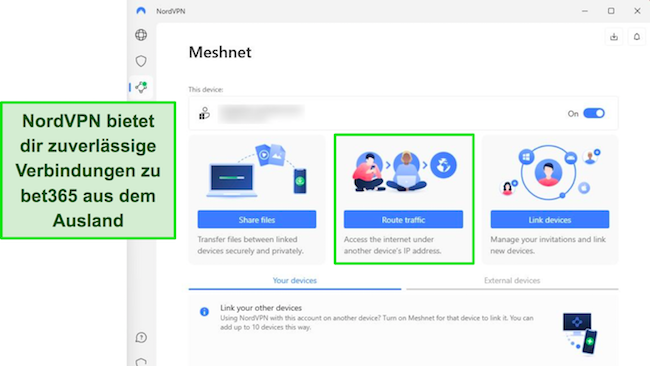 Bild der Meshnet-Funktion von NordVPN unter Windows, das die Option zum Weiterleiten des Datenverkehrs über eine andere IP-Adresse hervorhebt.