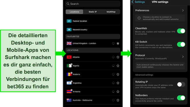 Bilder der iOS-App von Surfshark, die die detaillierten Server- und Einstellungsmenüs zeigen.