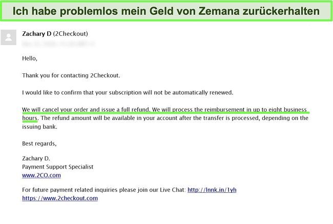 Screenshot eines Benutzers, der mithilfe der Geld-zurück-Garantie eine Rückerstattung von Zemana Antivirus per E-Mail anfordert
