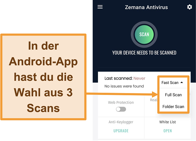 Screenshot der Android-App von Zemana mit hervorgehobenen Scan-Typen.
