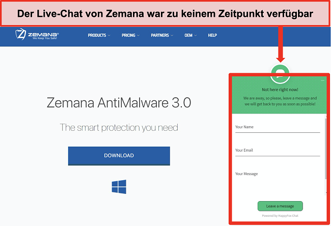 Screenshot der Live-Chat-Funktion von Zemana, die derzeit nicht verfügbar ist.