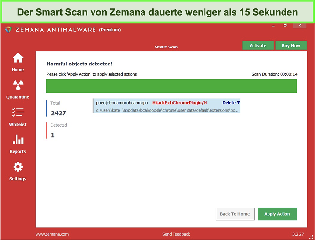 Screenshot von Zemanas Smart Scan mit erkannten schädlichen Objekten.
