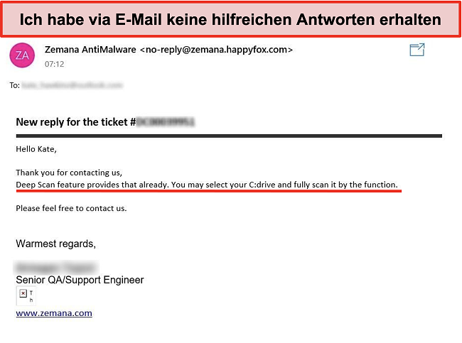 Screenshot der E-Mail-Antwort auf ein Online-Kundensupport-Ticket mit falschen Informationen.
