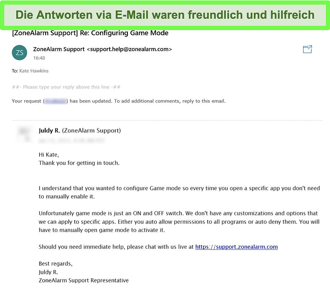 Screenshot der E-Mail-Ticket-Antwort von ZoneAlarm auf eine Kundensupport-Frage.