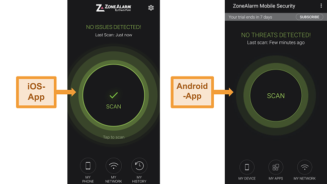 Screenshot der Android- und iOS-Apps von ZoneAlarm.