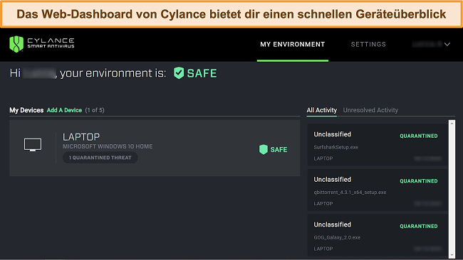 Screenshot des webbasierten Dashboards von Cylance mit der aktuellen Sicherheitsstufe der angeschlossenen Geräte und den erkannten Bedrohungen.