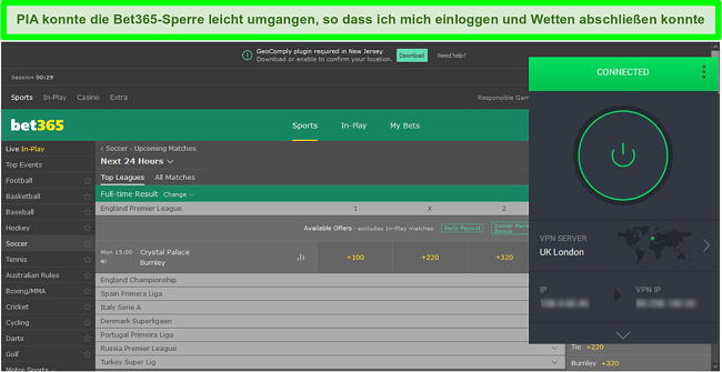 Screenshot von PIA, das mit einem deutschen Server verbunden ist und Bet365.com entsperrt