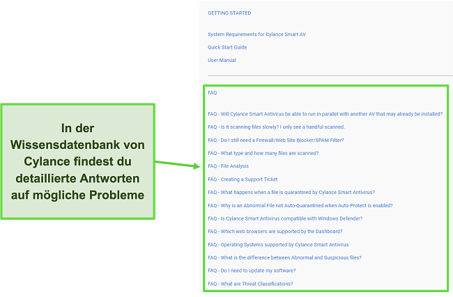 Screenshot der Wissensdatenbank von Cylance mit häufig gestellten Fragen.