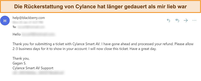 Screenshot der E-Mail-Antwort von Cylance auf eine Rückerstattungsanfrage.