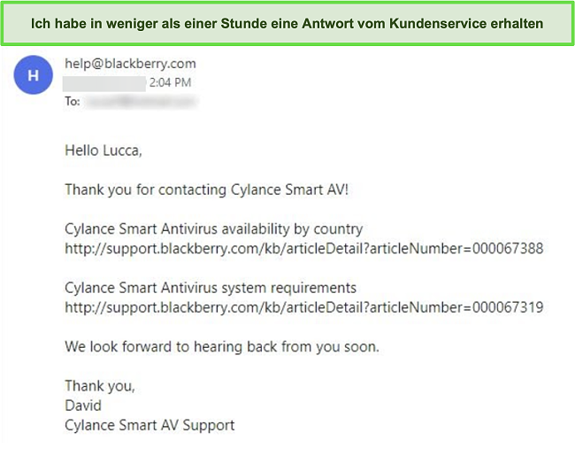 Screenshot einer Kunden-Support-E-Mail von Cylance.