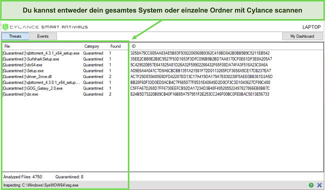 Screenshot des System-Scans und der Ergebnisse von Cylance.