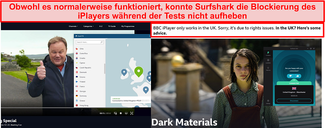 Screenshot von NordVPN, bei dem BBC iPlayer und Surfshark erfolgreich entsperrt wurden.