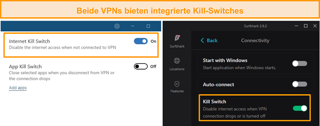 Screenshot der integrierten Kill-Schalter von NordVPN und Surfshark.